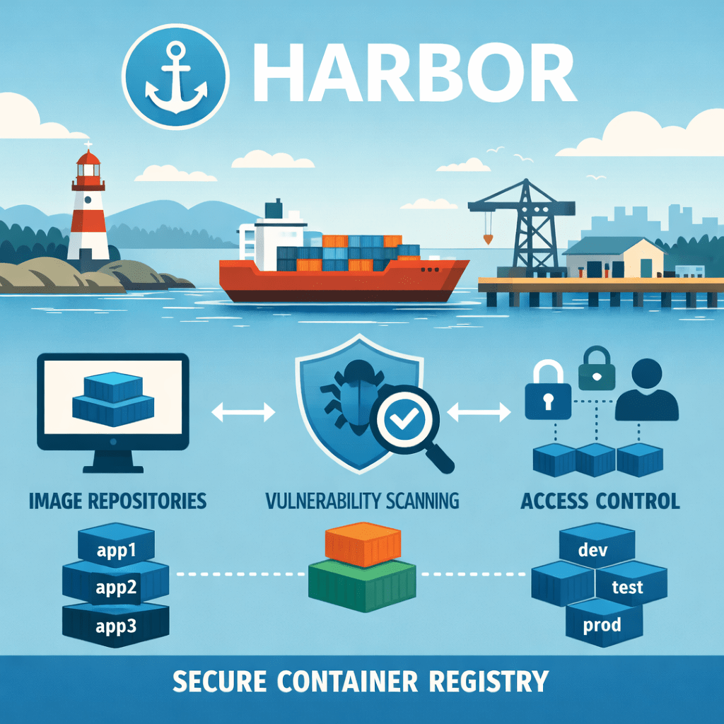 Harbor container registry workflow with image repositories, vulnerability scanning, and access control